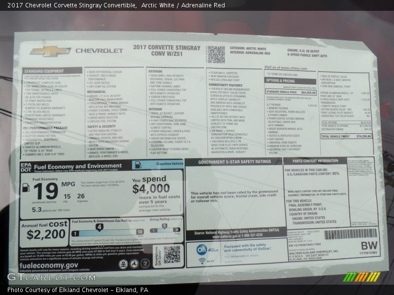  2017 Corvette Stingray Convertible Window Sticker