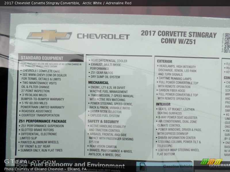  2017 Corvette Stingray Convertible Window Sticker