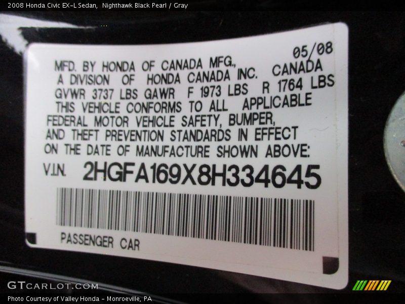 Nighthawk Black Pearl / Gray 2008 Honda Civic EX-L Sedan