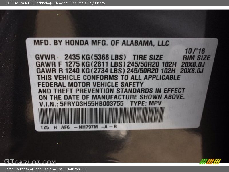 Modern Steel Metallic / Ebony 2017 Acura MDX Technology