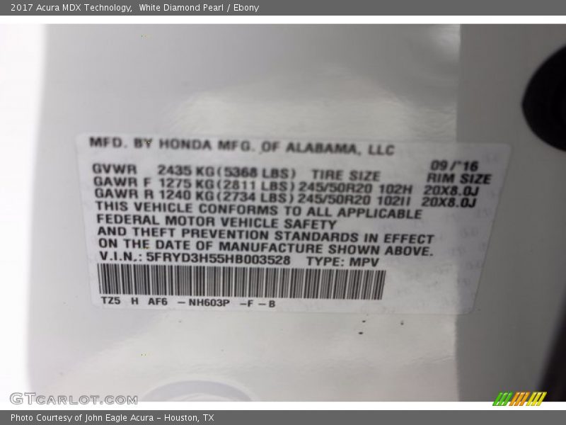 White Diamond Pearl / Ebony 2017 Acura MDX Technology
