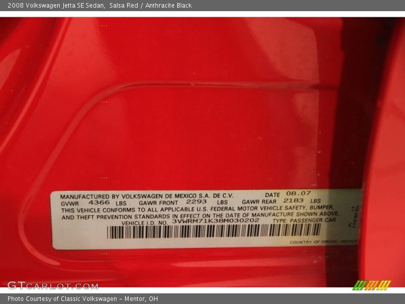Salsa Red / Anthracite Black 2008 Volkswagen Jetta SE Sedan