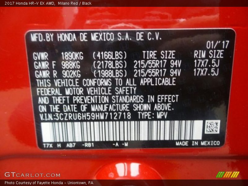 2017 HR-V EX AWD Milano Red Color Code R81