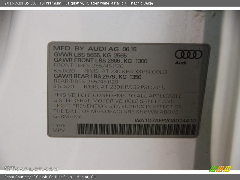 Glacier White Metallic / Pistachio Beige 2016 Audi Q5 3.0 TFSI Premium Plus quattro