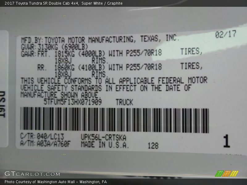 Super White / Graphite 2017 Toyota Tundra SR Double Cab 4x4