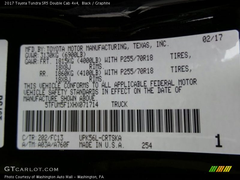 2017 Tundra SR5 Double Cab 4x4 Black Color Code 202