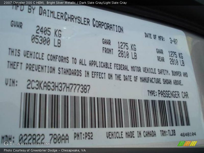 Bright Silver Metallic / Dark Slate Gray/Light Slate Gray 2007 Chrysler 300 C HEMI