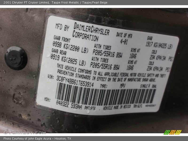 2001 PT Cruiser Limited Taupe Frost Metallic Color Code PTK