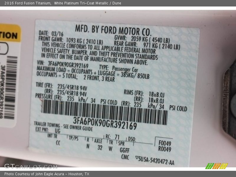 White Platinum Tri-Coat Metallic / Dune 2016 Ford Fusion Titanium