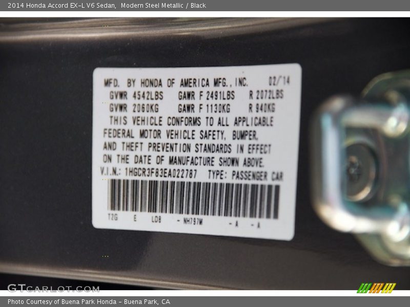 Modern Steel Metallic / Black 2014 Honda Accord EX-L V6 Sedan