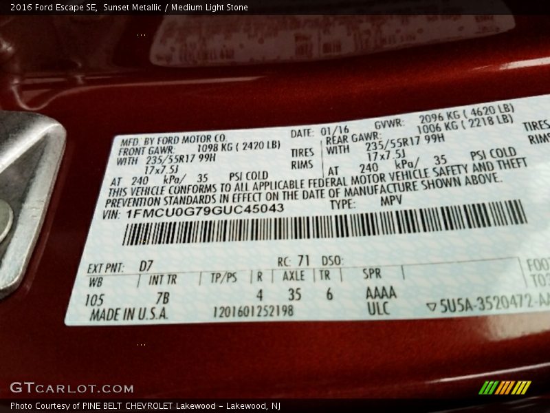 Sunset Metallic / Medium Light Stone 2016 Ford Escape SE