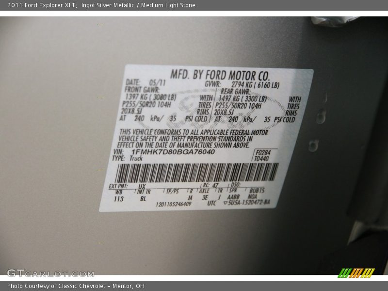 Ingot Silver Metallic / Medium Light Stone 2011 Ford Explorer XLT