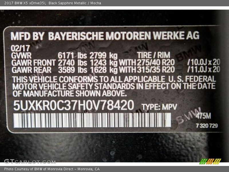 2017 X5 xDrive35i Black Sapphire Metallic Color Code 475