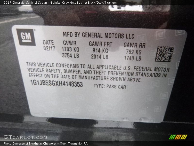 Nightfall Gray Metallic / Jet Black/Dark Titanium 2017 Chevrolet Sonic LS Sedan