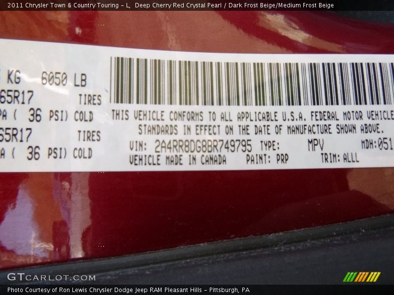Deep Cherry Red Crystal Pearl / Dark Frost Beige/Medium Frost Beige 2011 Chrysler Town & Country Touring - L