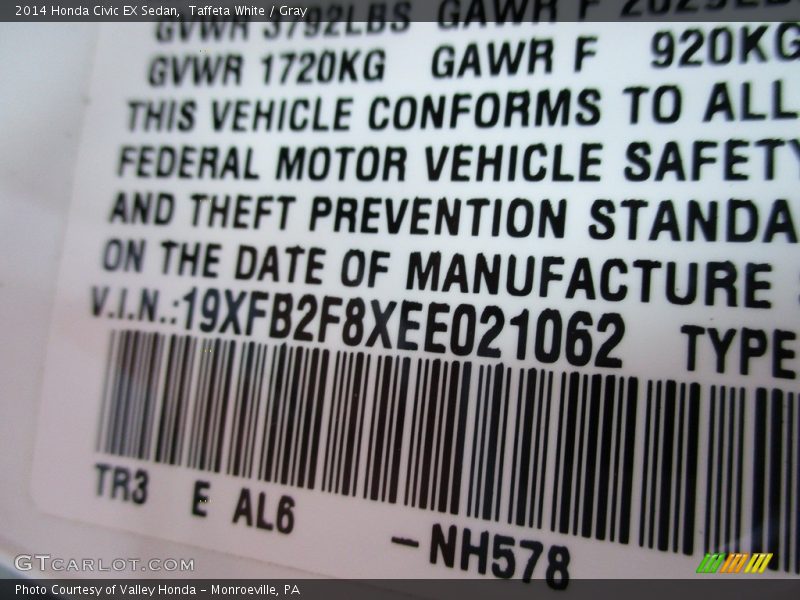 Taffeta White / Gray 2014 Honda Civic EX Sedan