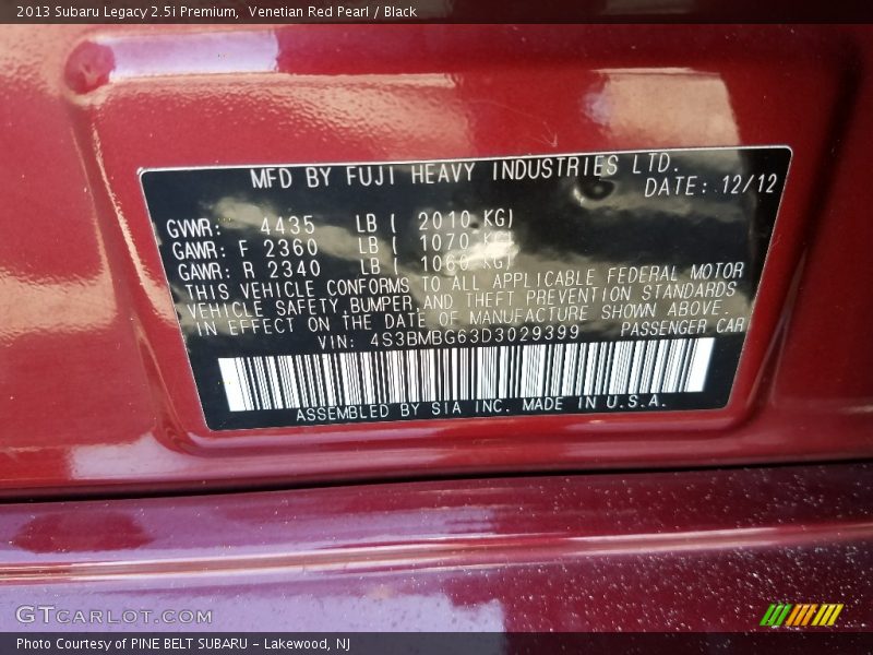 Venetian Red Pearl / Black 2013 Subaru Legacy 2.5i Premium