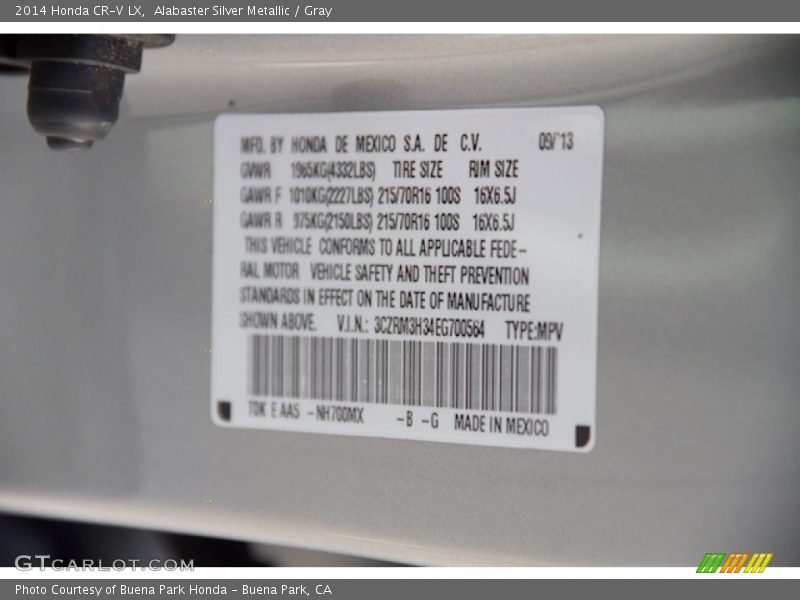 Alabaster Silver Metallic / Gray 2014 Honda CR-V LX