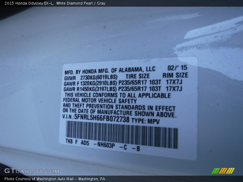 White Diamond Pearl / Gray 2015 Honda Odyssey EX-L