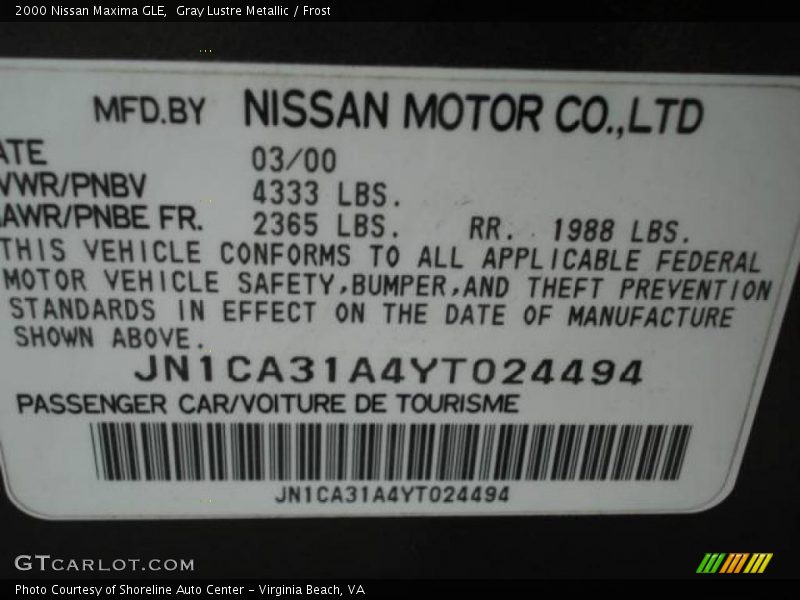 Gray Lustre Metallic / Frost 2000 Nissan Maxima GLE