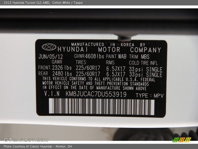 Cotton White / Taupe 2013 Hyundai Tucson GLS AWD