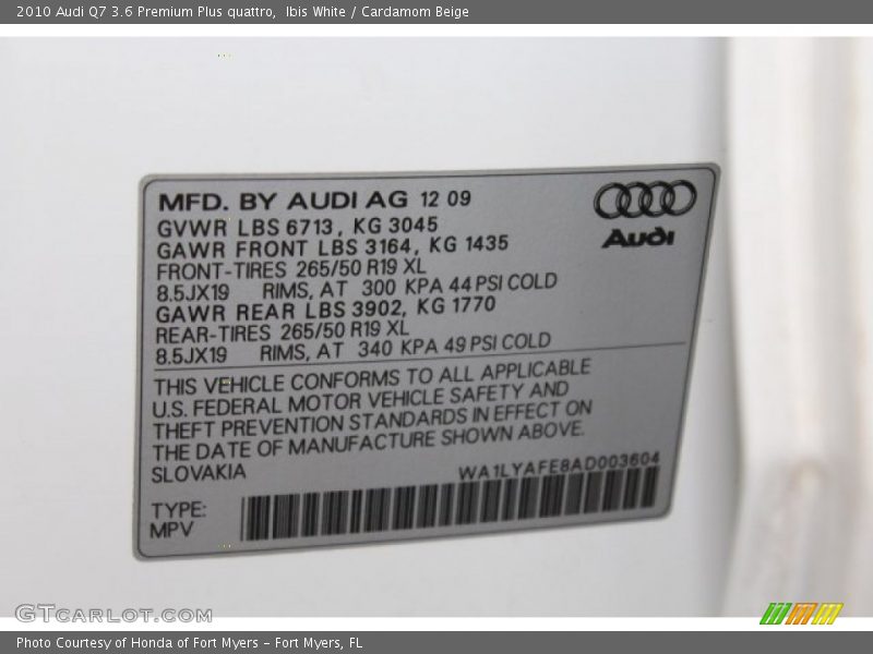 Ibis White / Cardamom Beige 2010 Audi Q7 3.6 Premium Plus quattro