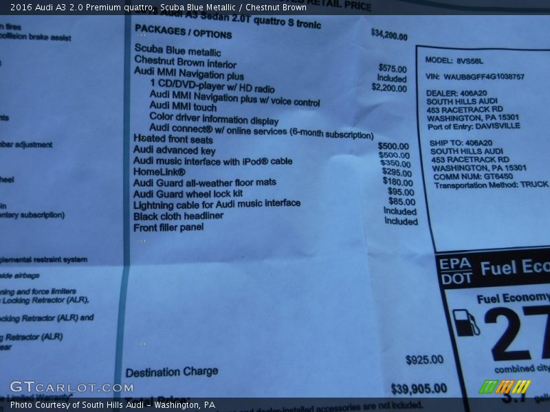 Scuba Blue Metallic / Chestnut Brown 2016 Audi A3 2.0 Premium quattro