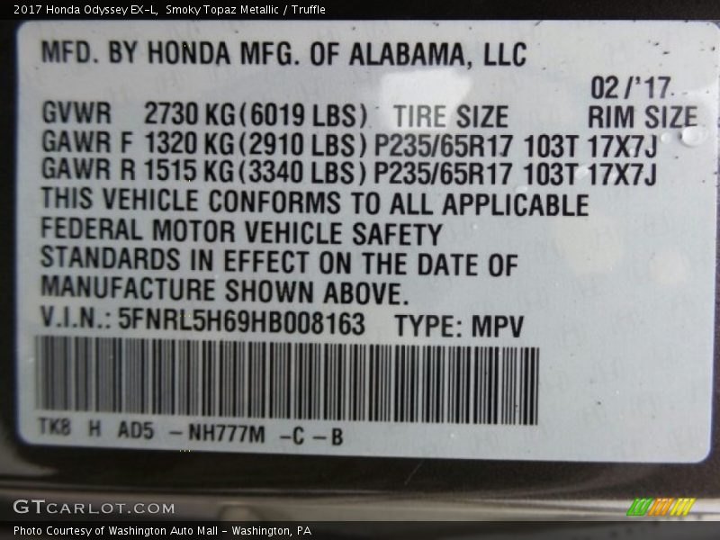 Smoky Topaz Metallic / Truffle 2017 Honda Odyssey EX-L