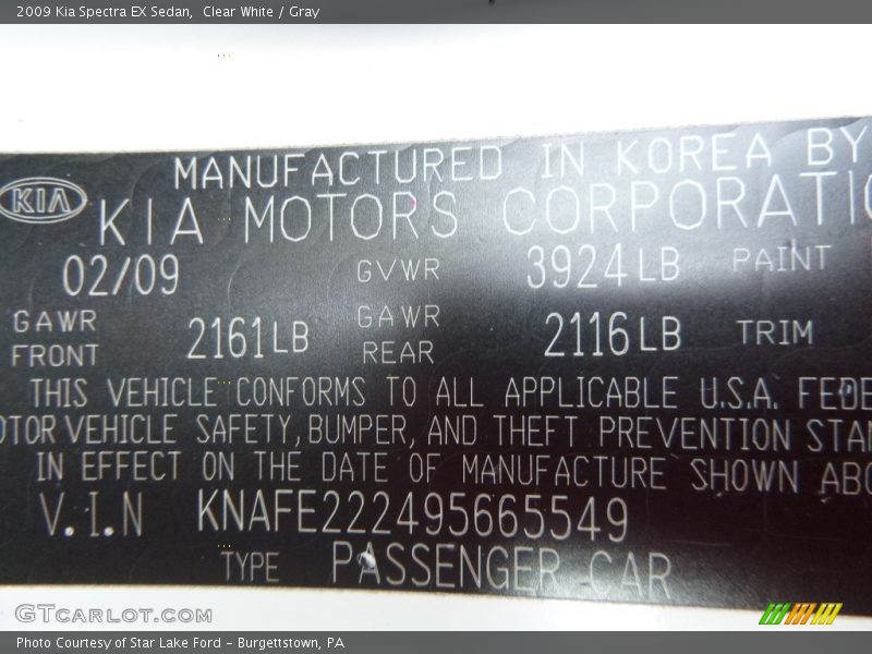 Clear White / Gray 2009 Kia Spectra EX Sedan