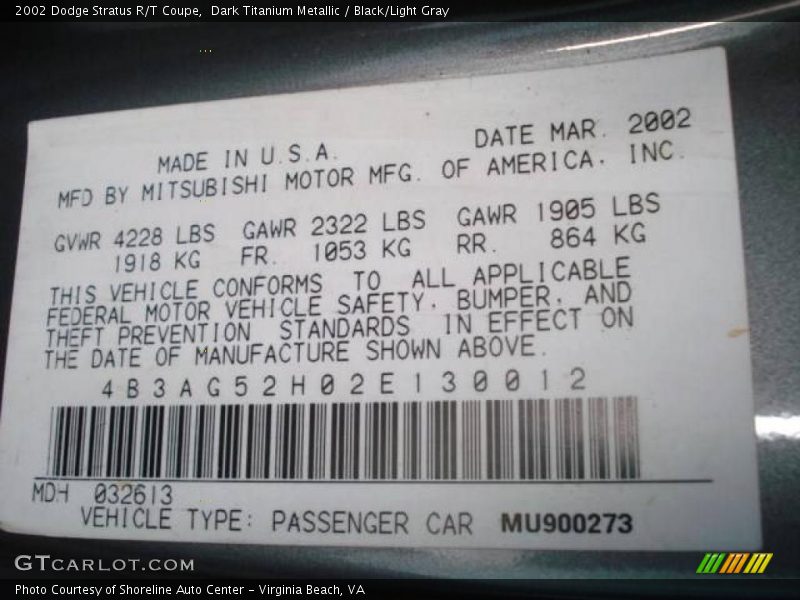 Dark Titanium Metallic / Black/Light Gray 2002 Dodge Stratus R/T Coupe