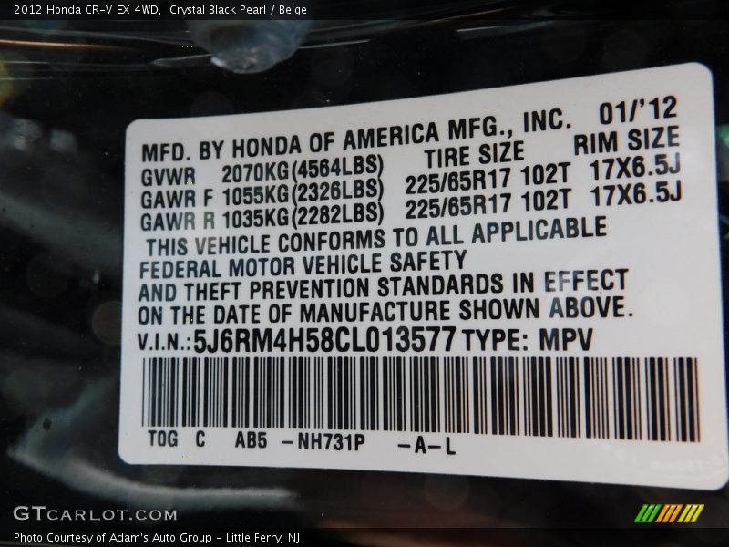 Crystal Black Pearl / Beige 2012 Honda CR-V EX 4WD