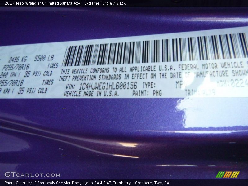 2017 Wrangler Unlimited Sahara 4x4 Extreme Purple Color Code PHG
