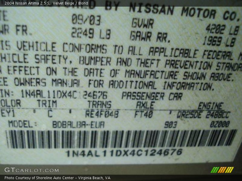 Velvet Beige / Blond 2004 Nissan Altima 2.5 S