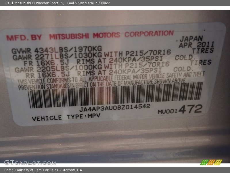 Cool Silver Metallic / Black 2011 Mitsubishi Outlander Sport ES