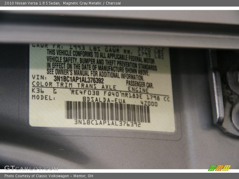 Magnetic Gray Metallic / Charcoal 2010 Nissan Versa 1.8 S Sedan