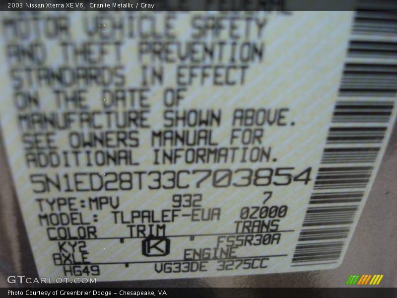 Granite Metallic / Gray 2003 Nissan Xterra XE V6