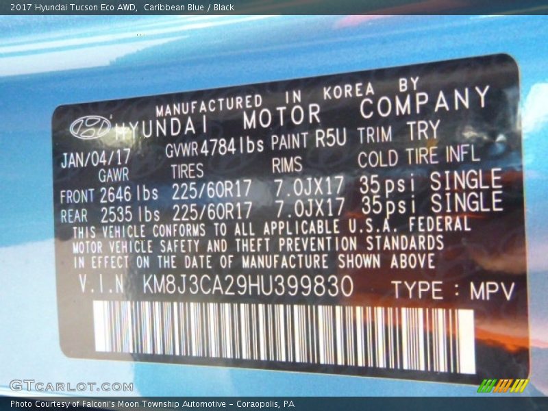 Caribbean Blue / Black 2017 Hyundai Tucson Eco AWD