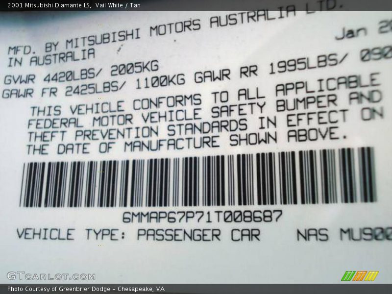 Vail White / Tan 2001 Mitsubishi Diamante LS