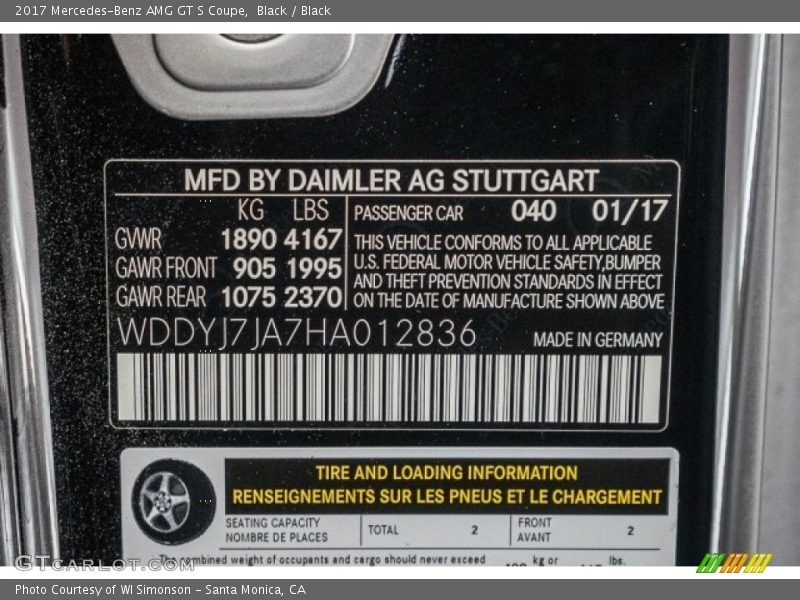 2017 AMG GT S Coupe Black Color Code 040
