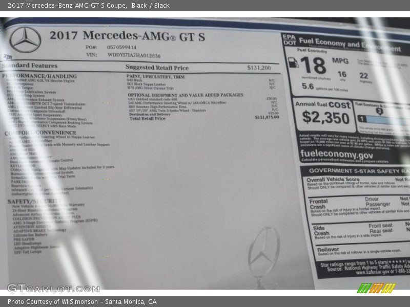  2017 AMG GT S Coupe Window Sticker