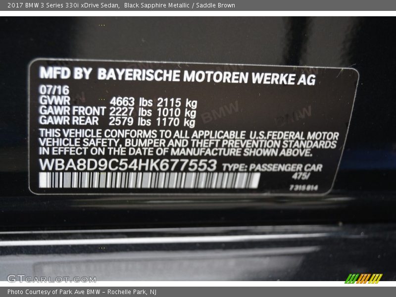 Black Sapphire Metallic / Saddle Brown 2017 BMW 3 Series 330i xDrive Sedan