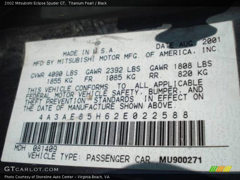 Titanium Pearl / Black 2002 Mitsubishi Eclipse Spyder GT