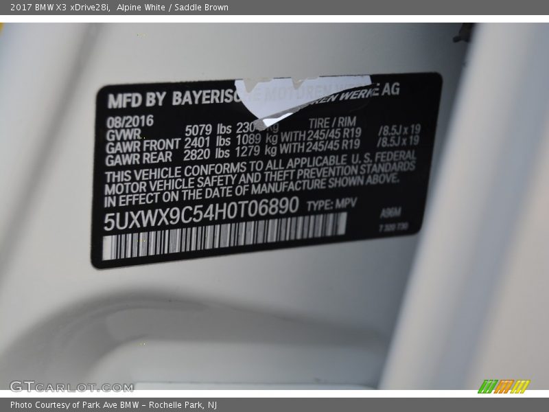 Alpine White / Saddle Brown 2017 BMW X3 xDrive28i