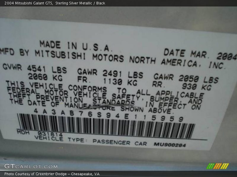 Sterling Silver Metallic / Black 2004 Mitsubishi Galant GTS