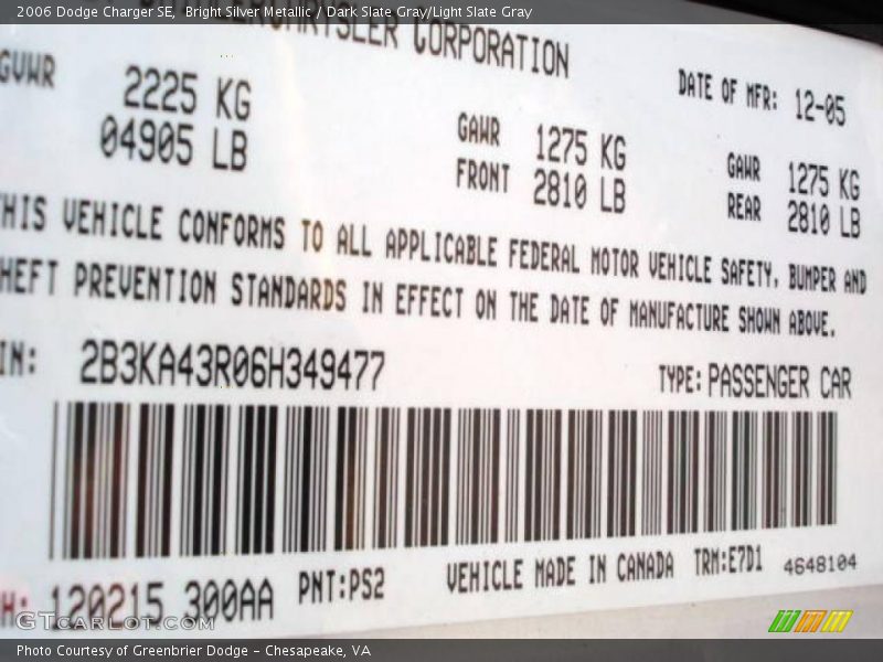 Bright Silver Metallic / Dark Slate Gray/Light Slate Gray 2006 Dodge Charger SE