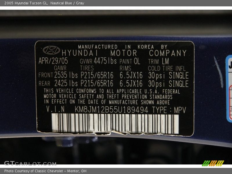 Nautical Blue / Gray 2005 Hyundai Tucson GL