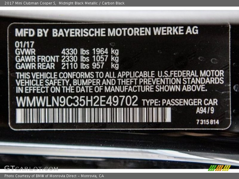 Midnight Black Metallic / Carbon Black 2017 Mini Clubman Cooper S