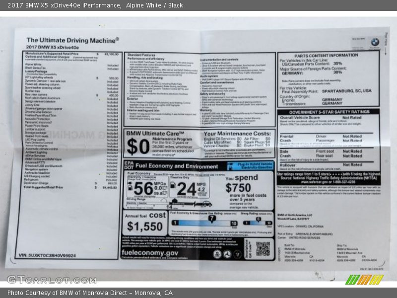  2017 X5 xDrive40e iPerformance Window Sticker