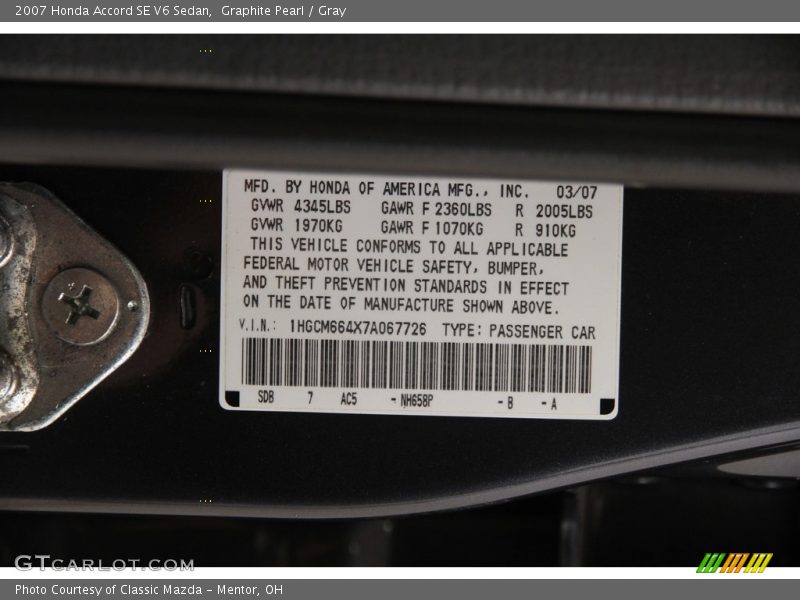 Graphite Pearl / Gray 2007 Honda Accord SE V6 Sedan