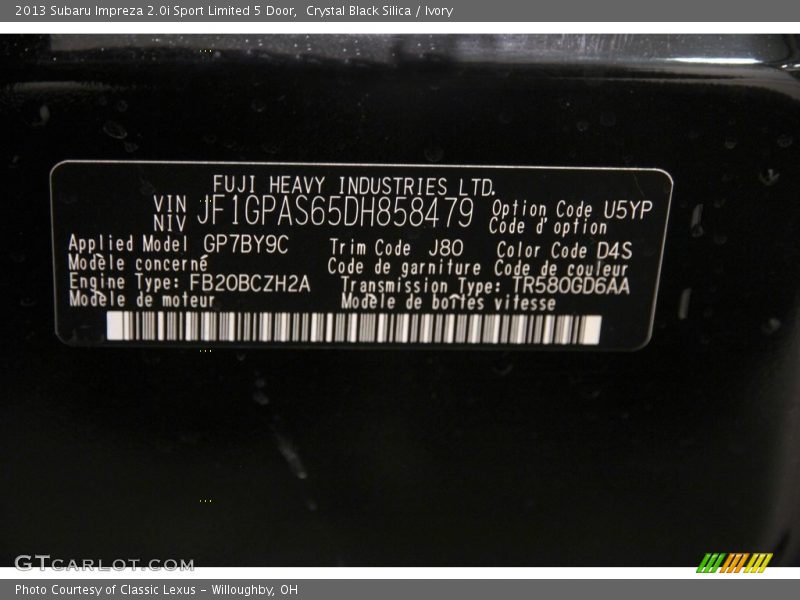 Crystal Black Silica / Ivory 2013 Subaru Impreza 2.0i Sport Limited 5 Door